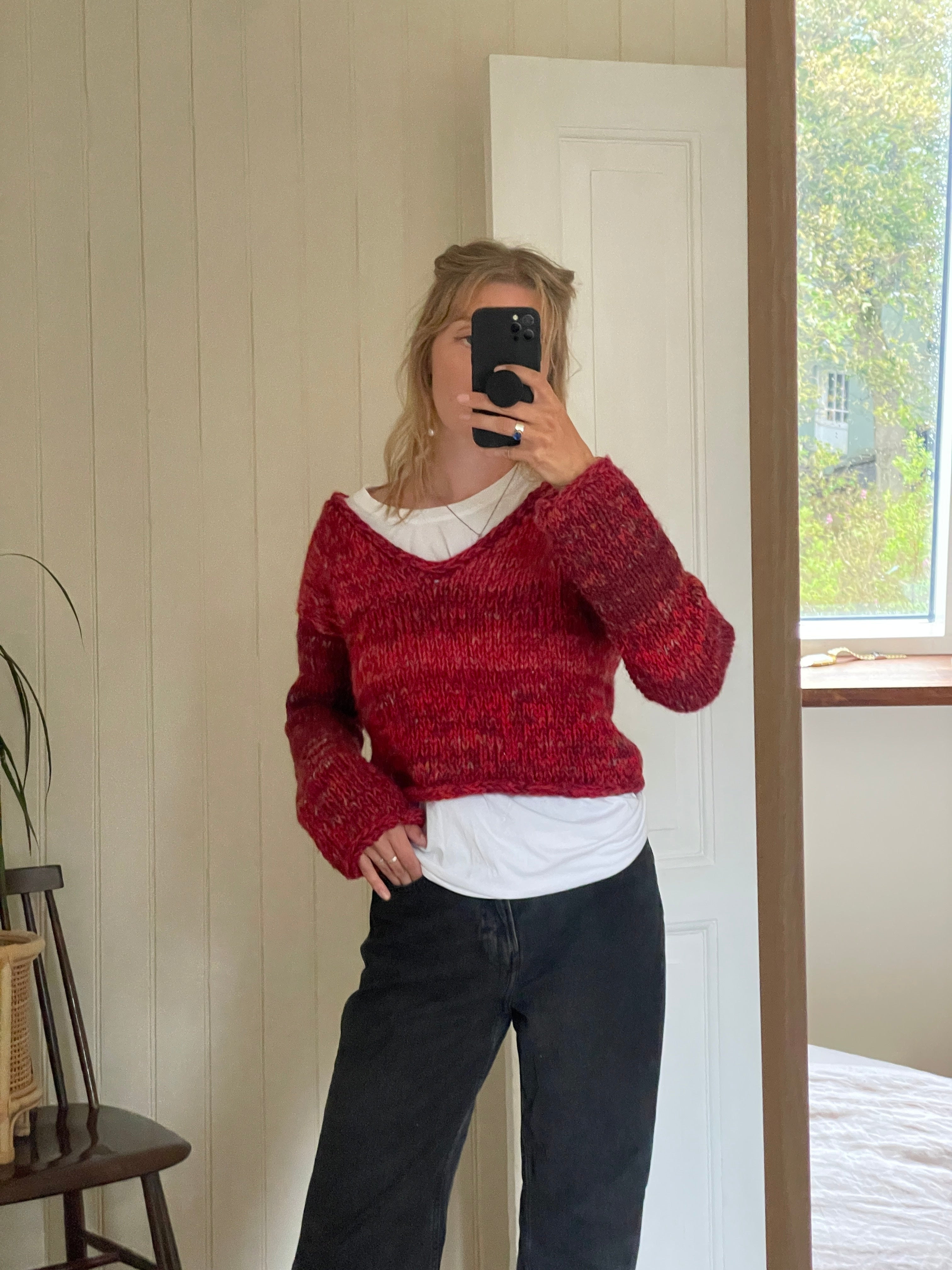 Chunky red scrap sweater