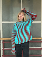 Stripey burnt orange/teal blue slouch pullover