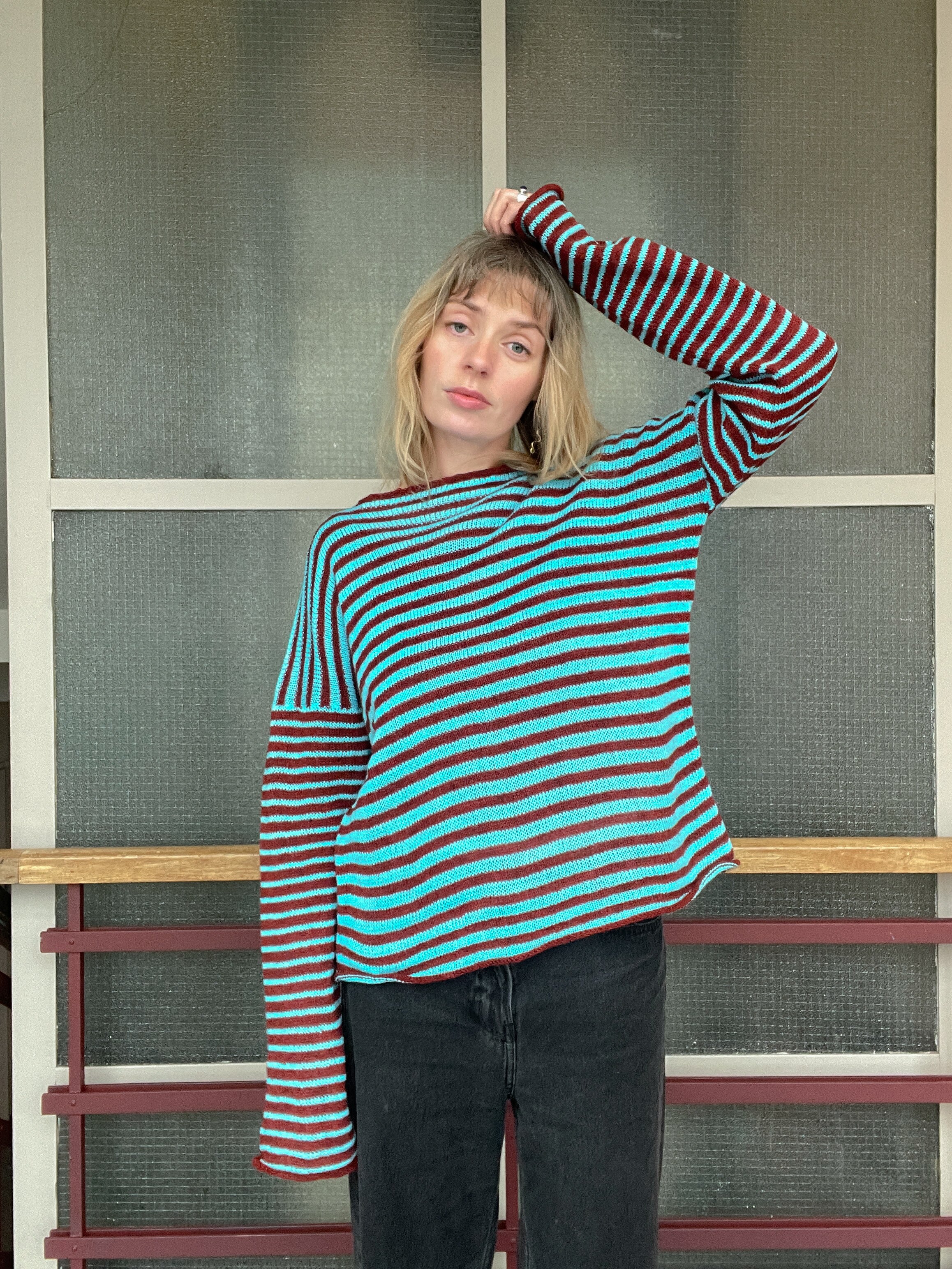 Stripey burnt orange/teal blue slouch pullover