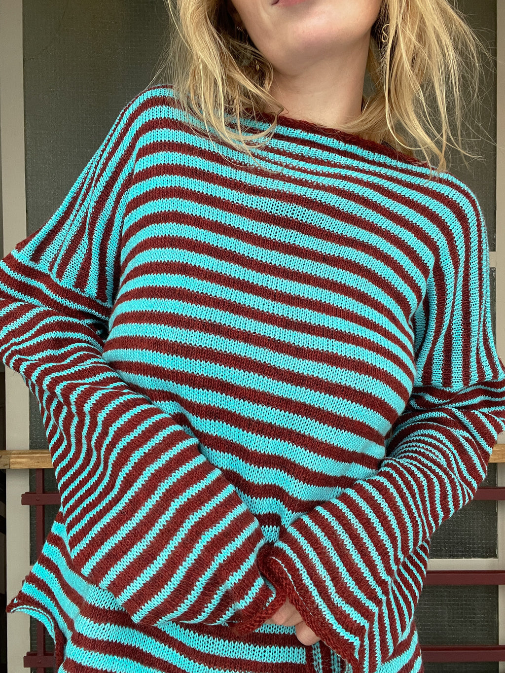 Stripey burnt orange/teal blue slouch pullover