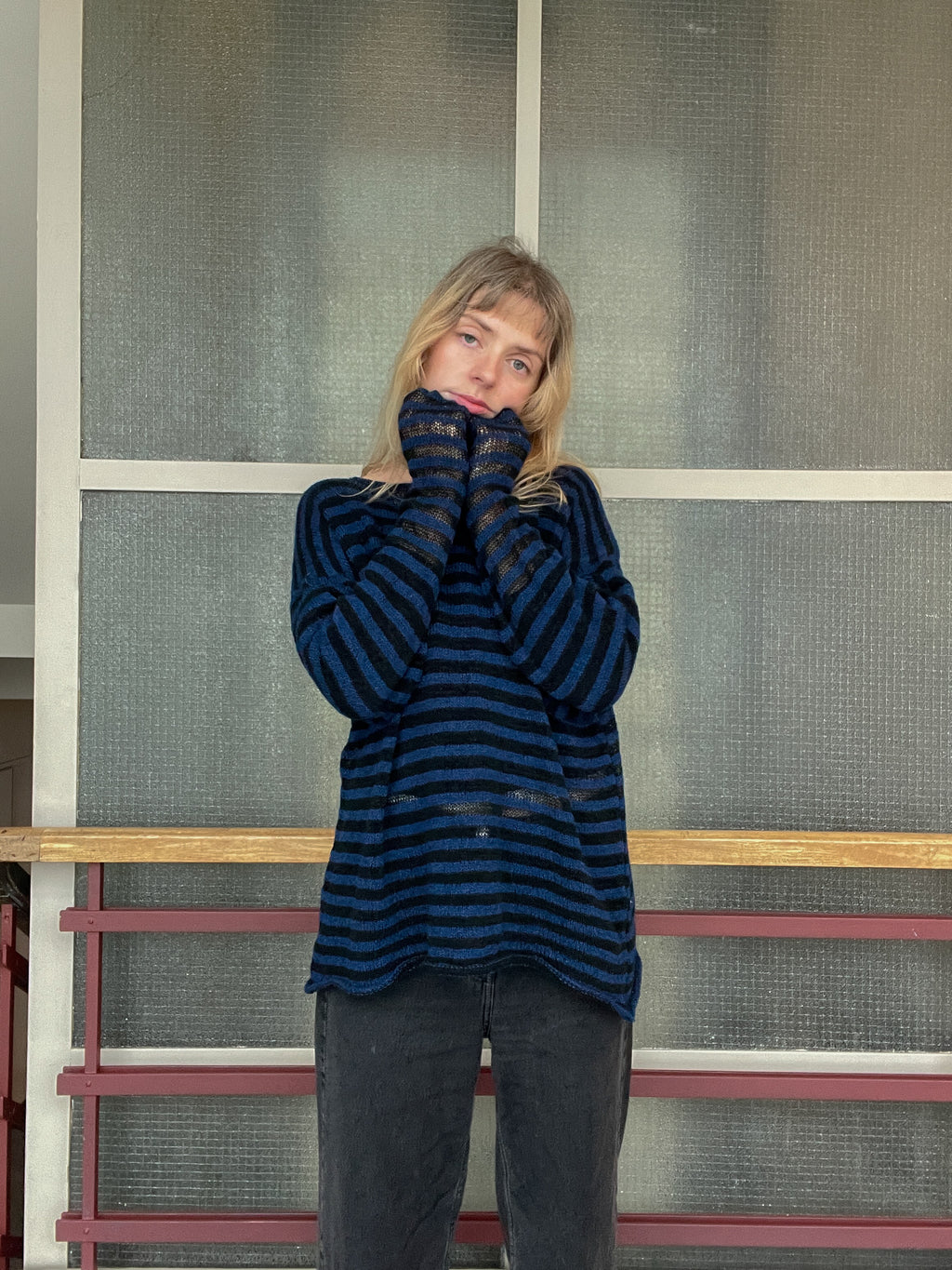Stripey blue/black mesh pullover | SAMPLE SALE