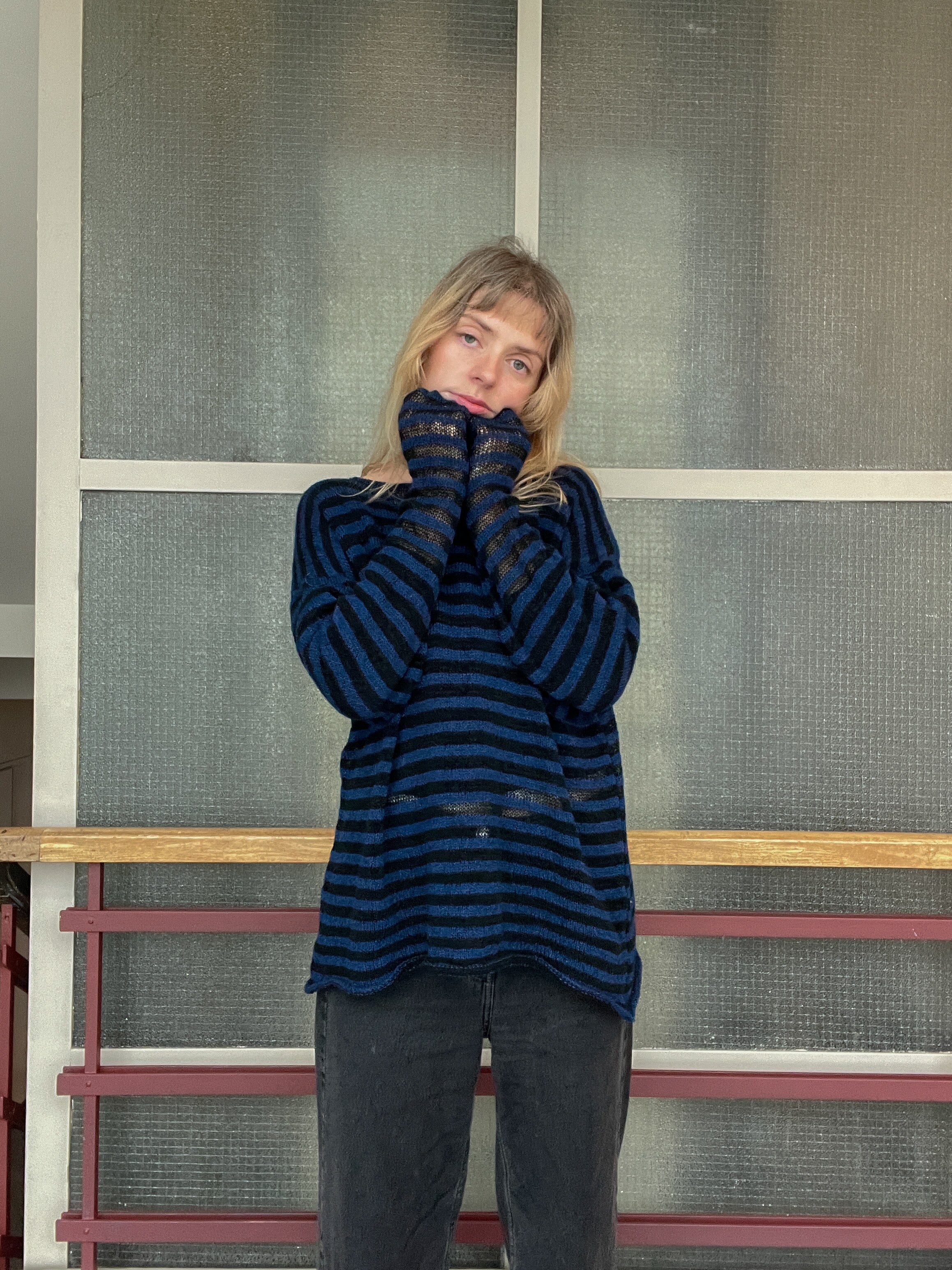 Stripey blue/black mesh pullover | SAMPLE SALE